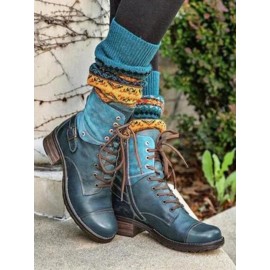 Retro Stitching Lace-up Zipper Boots