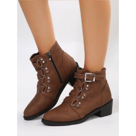 Vintage Plain Non-Slip Zipper Block Heel Classic Boots Buckle