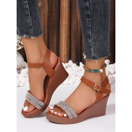 Vintage Rhinestone Ankle Strap Wedge Sandals