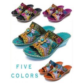 Retro Color Contrast Ethnic Style Flower Hollow Wedge Sandals