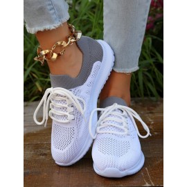 Sports Color Block Breathable Lace-Up Flat Heel Fly Woven Shoes