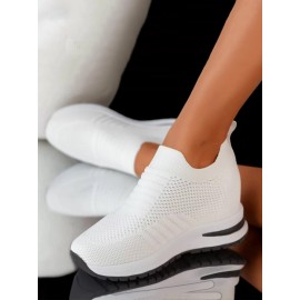 Casual Plain Breathable Slip On Block Heel Fly Woven Shoes