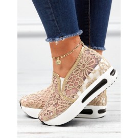 Floral Embroidered Mesh Paneled Slip-On Wedge Sneakers