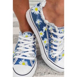 Daisy Graphic-Print Denim Lace-Up Canvas Flats